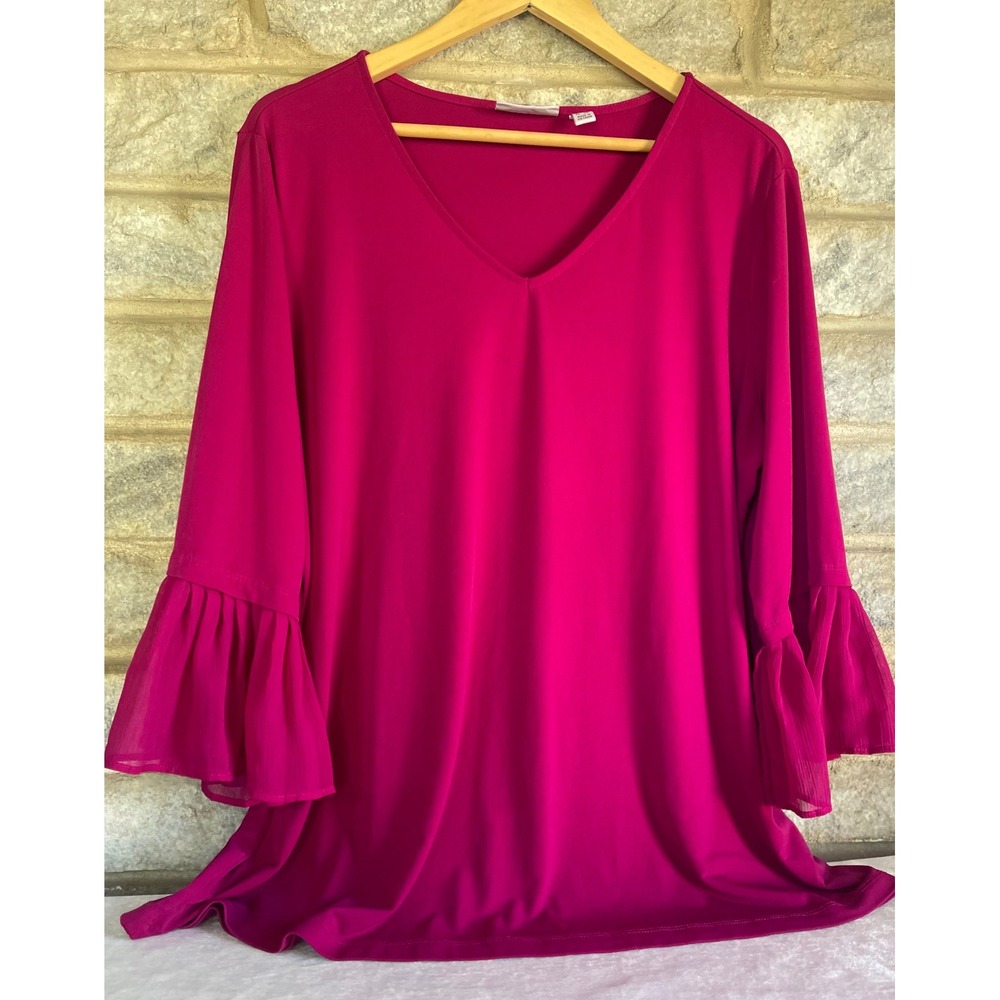 Susan Graver Magenta Pink V-Neck Blouse Pleated Ruffle Bell Sleeve Top 1X